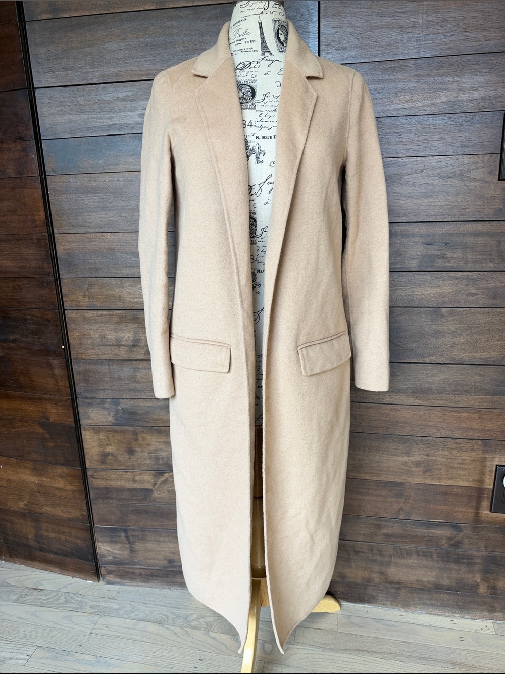 Express Long Camel Single-Breasted Trench Coat double faced wool unlined